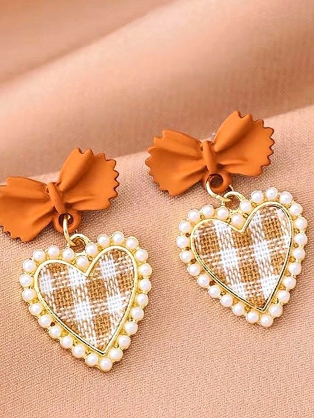 Fall Heart Plaid Pearl Drop Earrings in Orange & White